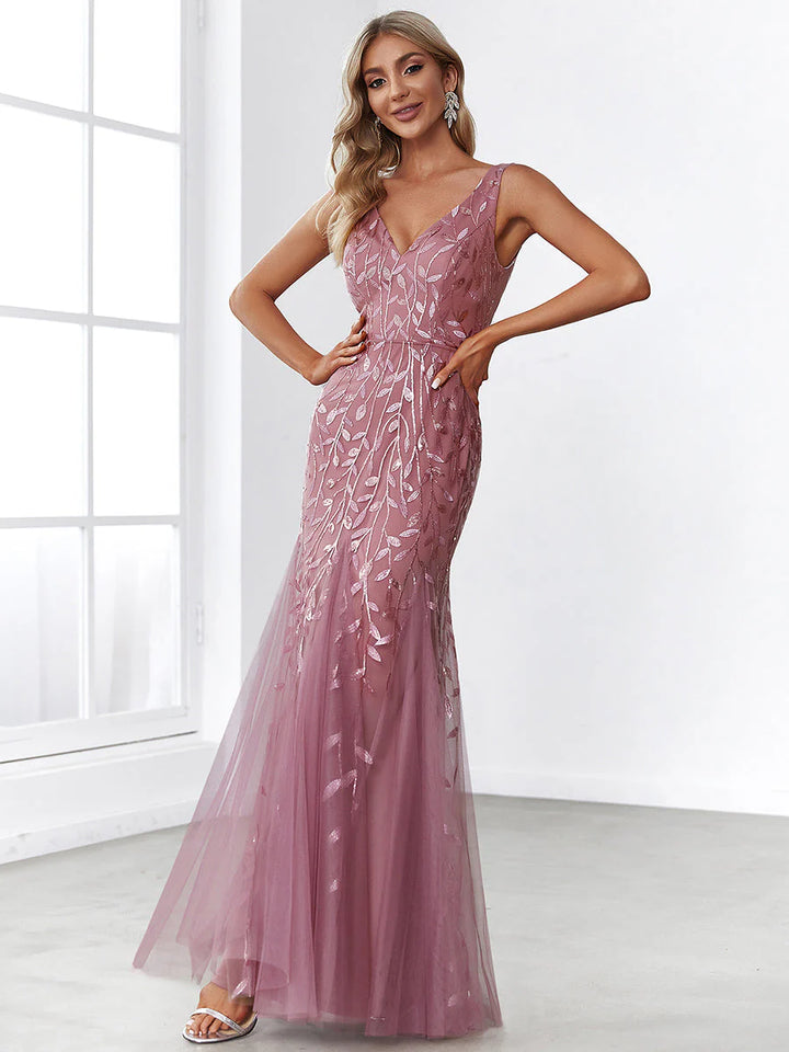 Sexy Double V-Neck Sequin Mermaid Maxi Dresses For Evening