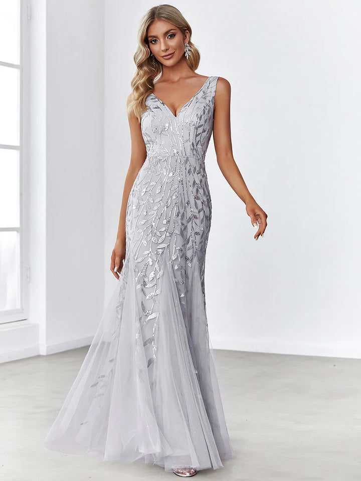 Sexy Double V-Neck Sequin Mermaid Maxi Dresses For Evening