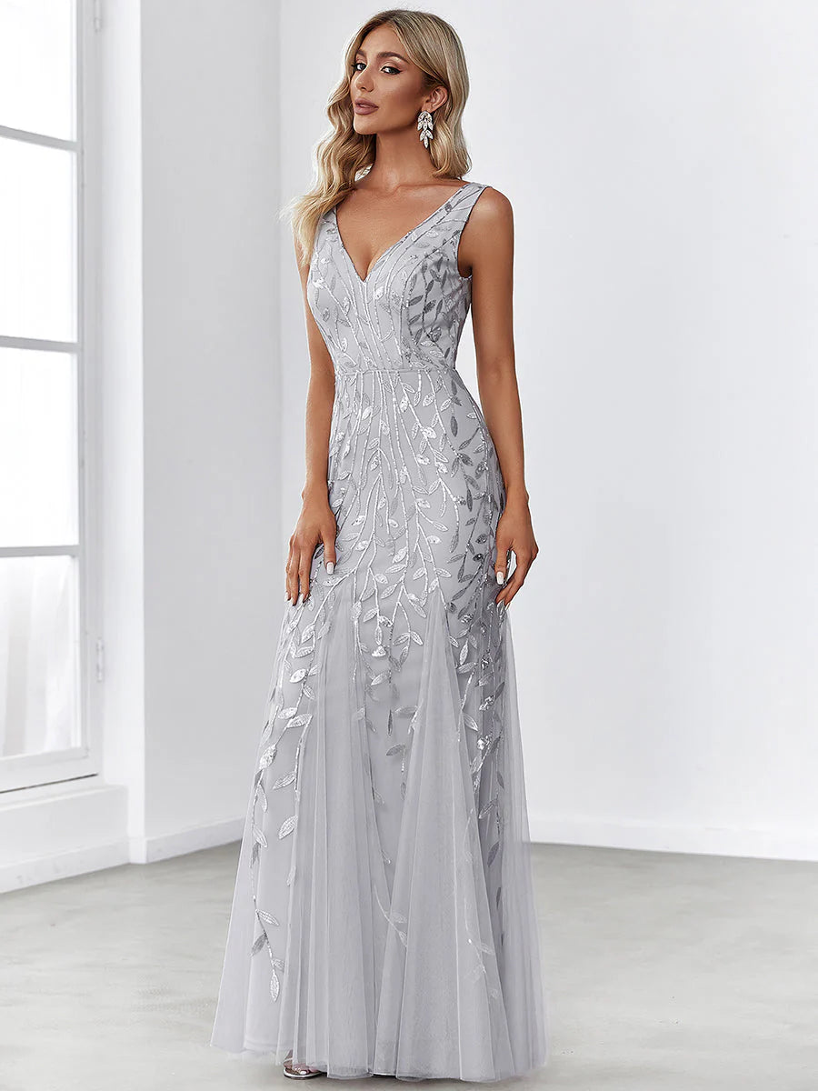 Sexy Double V-Neck Sequin Mermaid Maxi Dresses For Evening