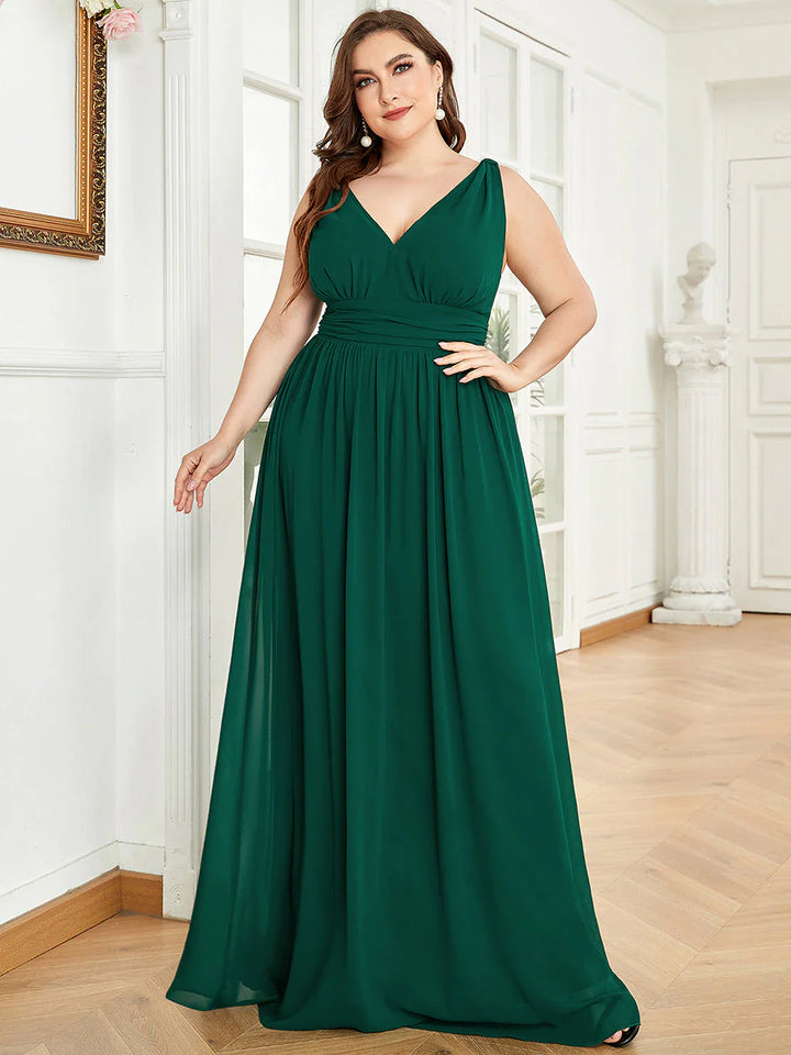 V-Neck Ruched Top Flowy Plus Size Evening Dresses - CALABRO®