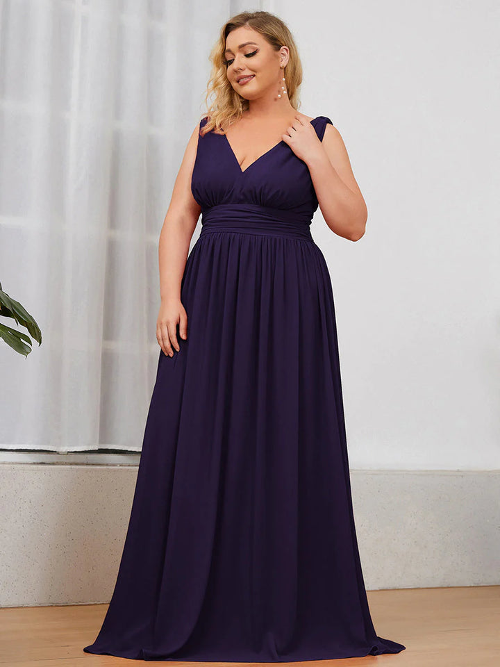 V-Neck Ruched Top Flowy Plus Size Evening Dresses - CALABRO®