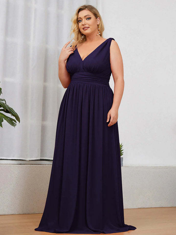 V-Neck Ruched Top Flowy Plus Size Evening Dresses - CALABRO®