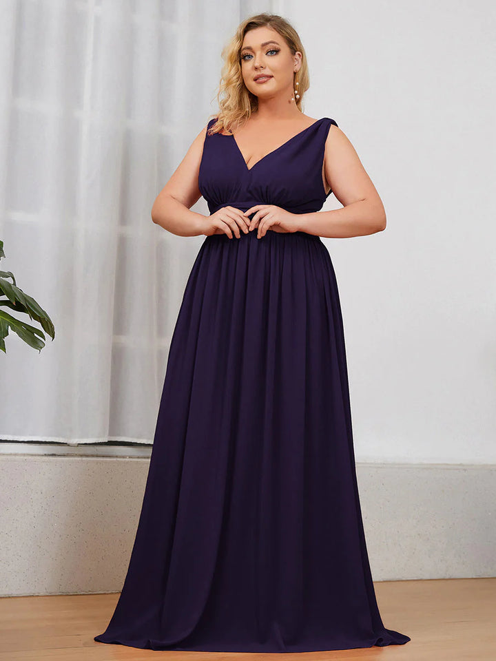 V-Neck Ruched Top Flowy Plus Size Evening Dresses - CALABRO®