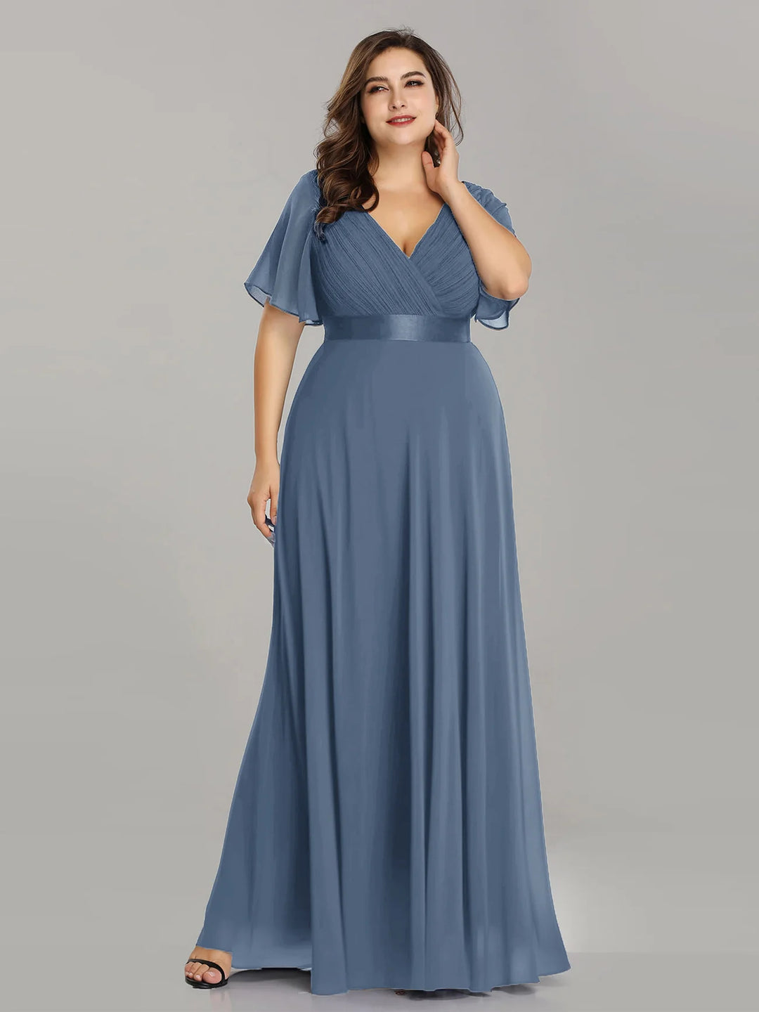 Double V-Neck Ruffles Padded Plus Size Evening Dresses