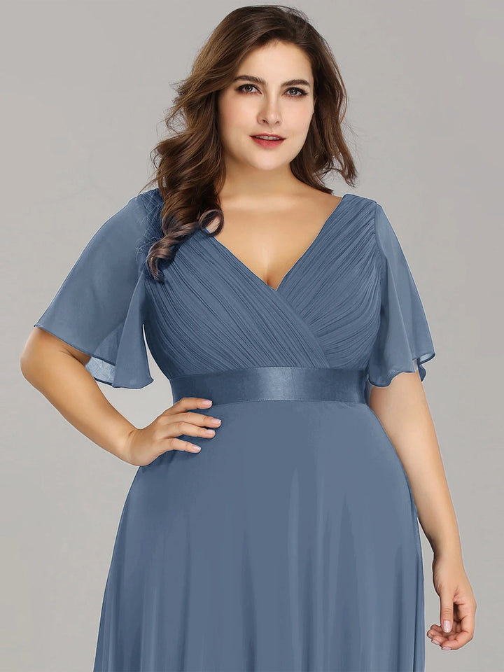Double V-Neck Ruffles Padded Plus Size Evening Dresses
