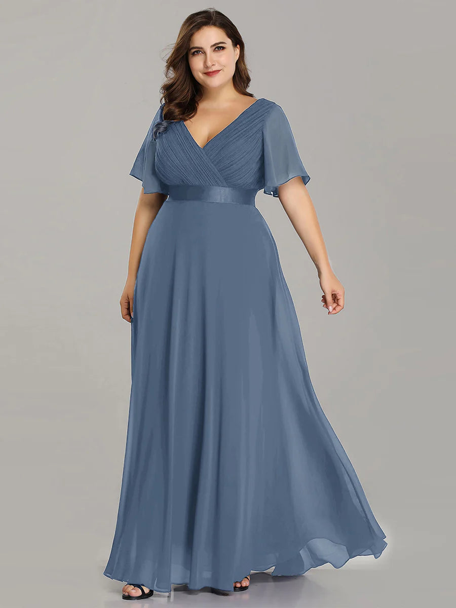 Double V-Neck Ruffles Padded Plus Size Evening Dresses