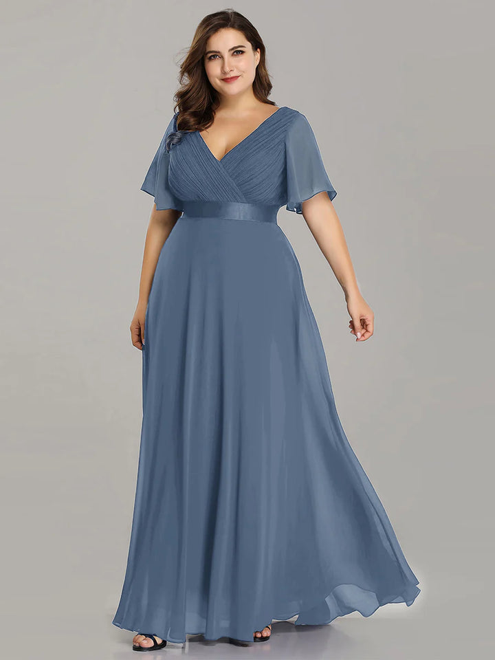 Double V-Neck Ruffles Padded Plus Size Evening Dresses