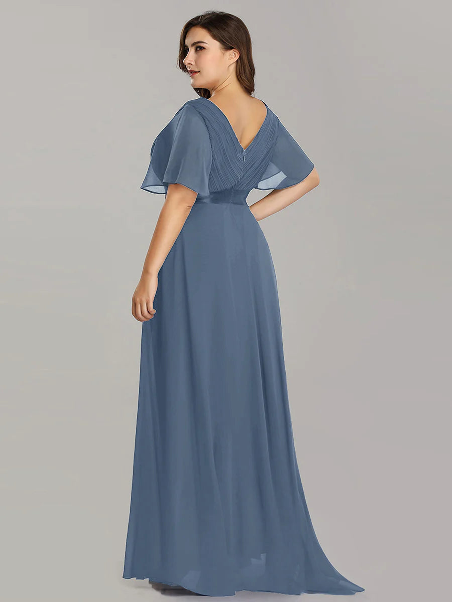 Double V-Neck Ruffles Padded Plus Size Evening Dresses