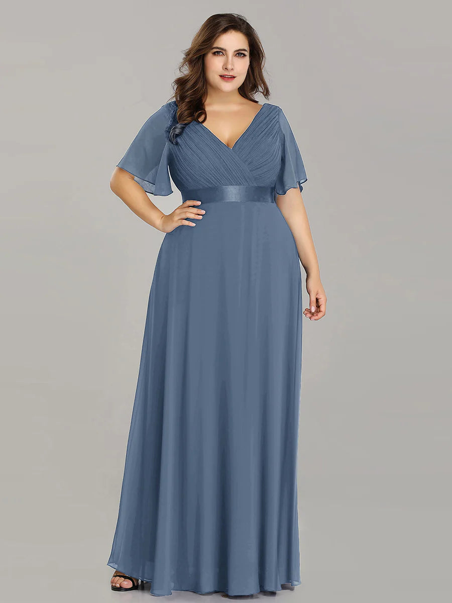 Double V-Neck Ruffles Padded Plus Size Evening Dresses