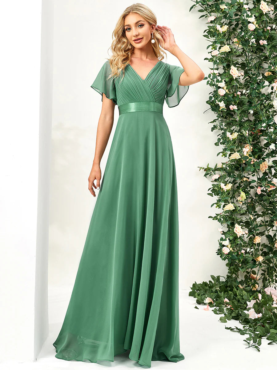 High Waist Short Sleeves Evening Dress