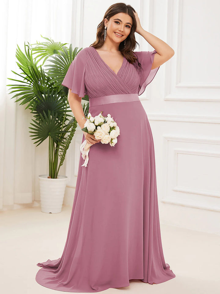 Double V-Neck Ruffles Padded Plus Size Evening Dresses