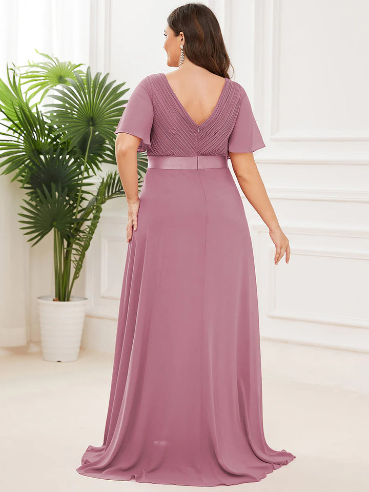 Double V-Neck Ruffles Padded Plus Size Evening Dresses