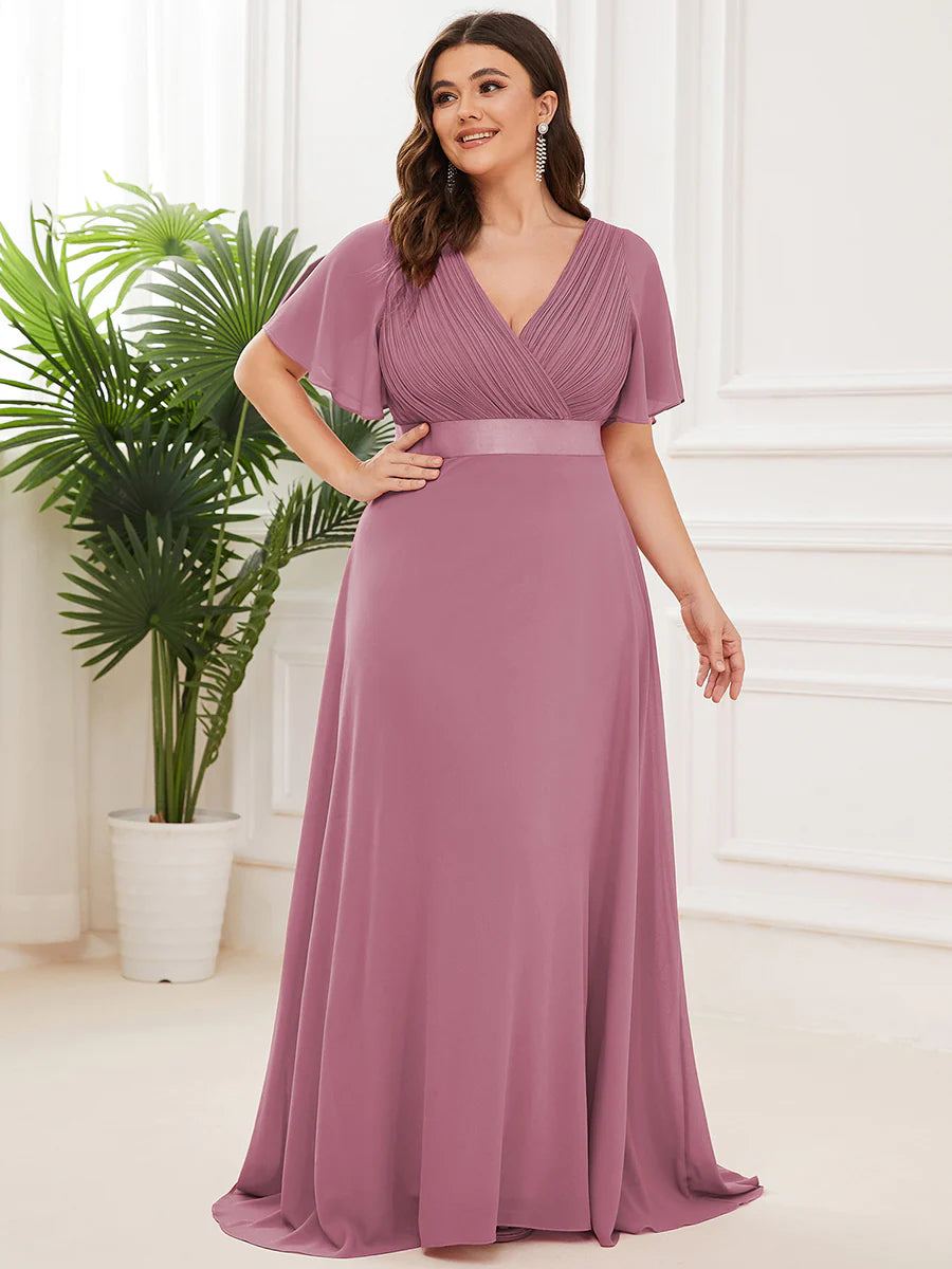 Double V-Neck Ruffles Padded Plus Size Evening Dresses