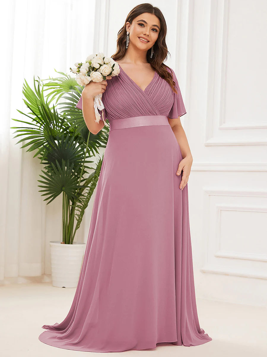 Double V-Neck Ruffles Padded Plus Size Evening Dresses
