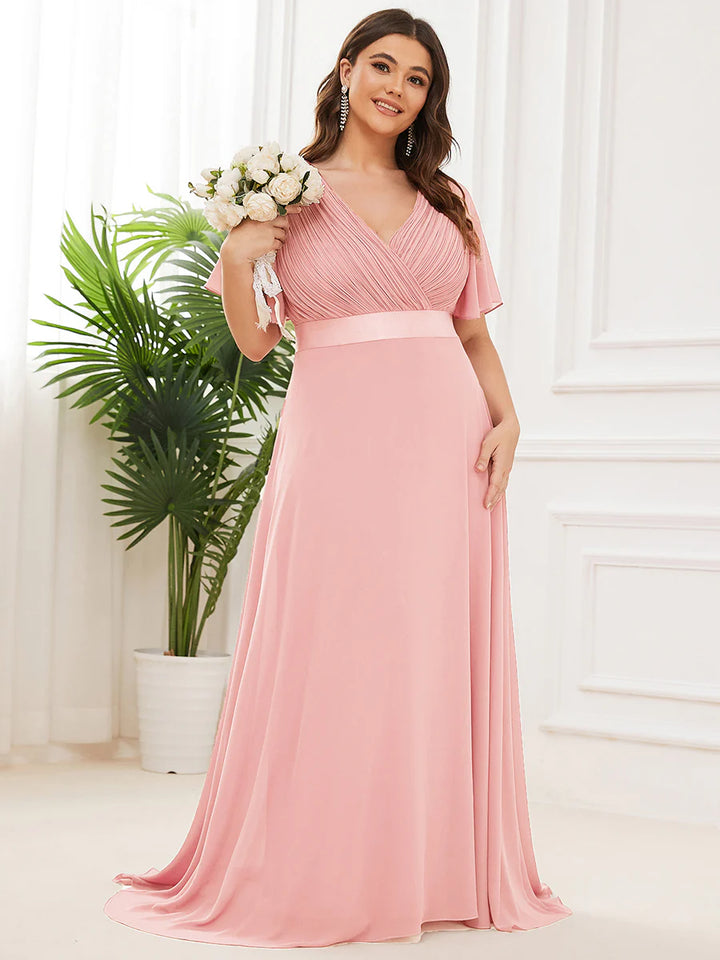 Double V-Neck Ruffles Padded Plus Size Evening Dresses