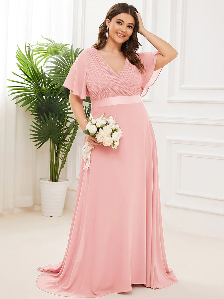 Double V-Neck Ruffles Padded Plus Size Evening Dresses