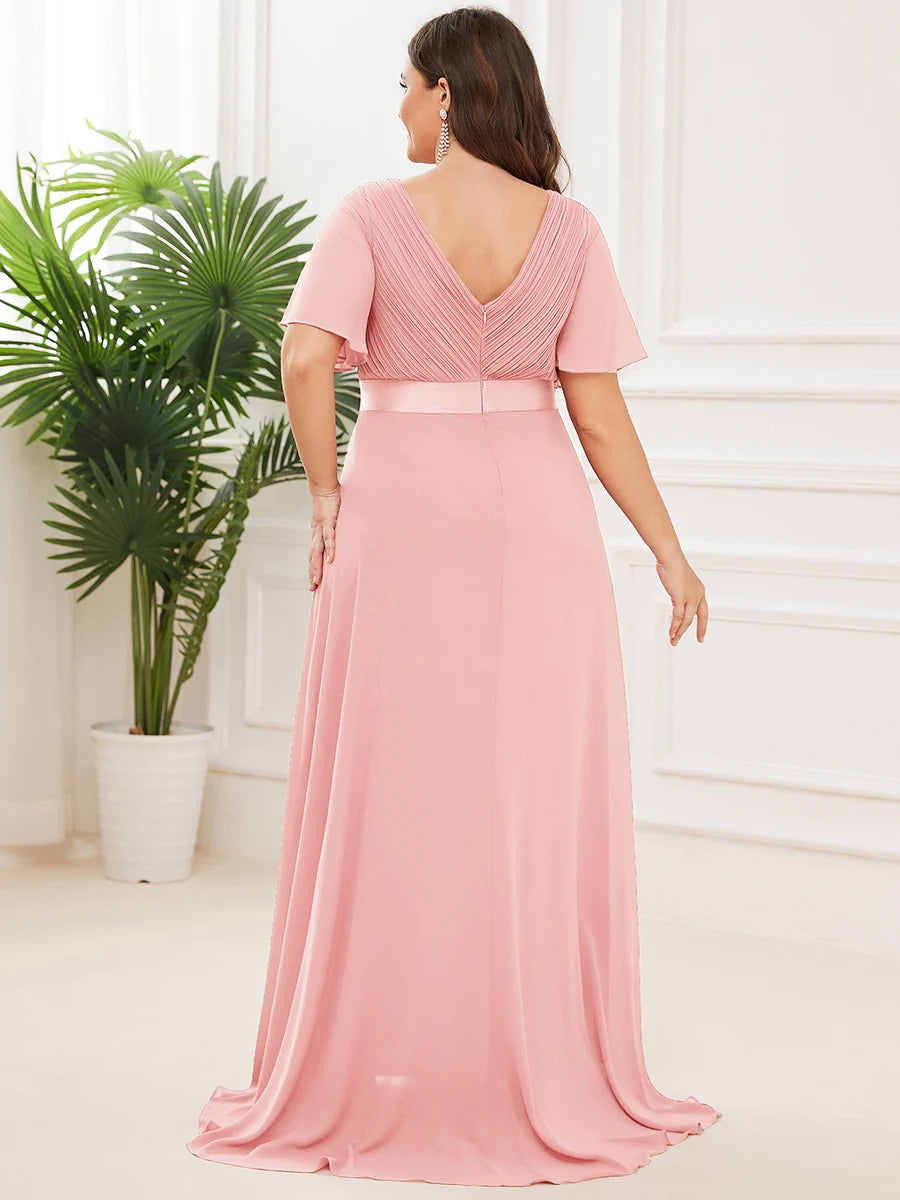 Double V-Neck Ruffles Padded Plus Size Evening Dresses