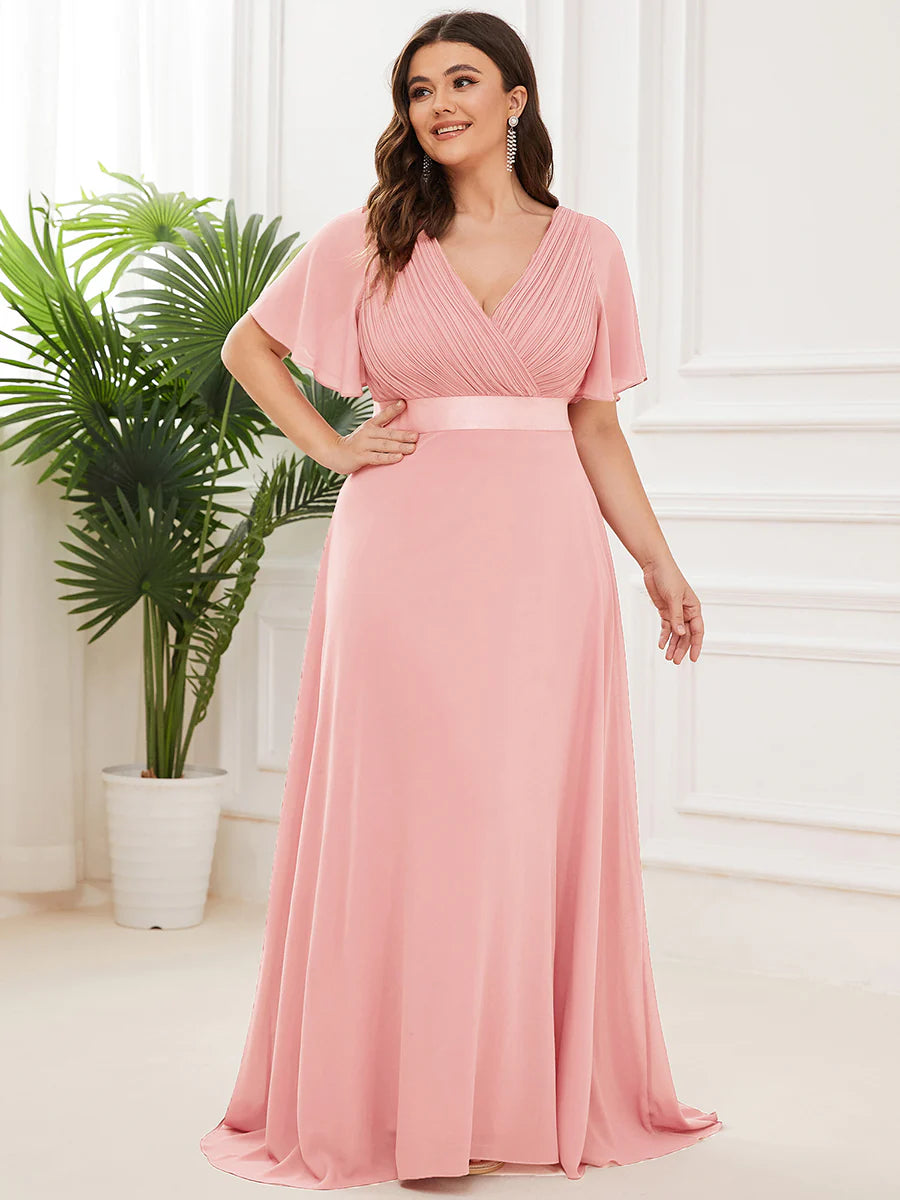 Double V-Neck Ruffles Padded Plus Size Evening Dresses