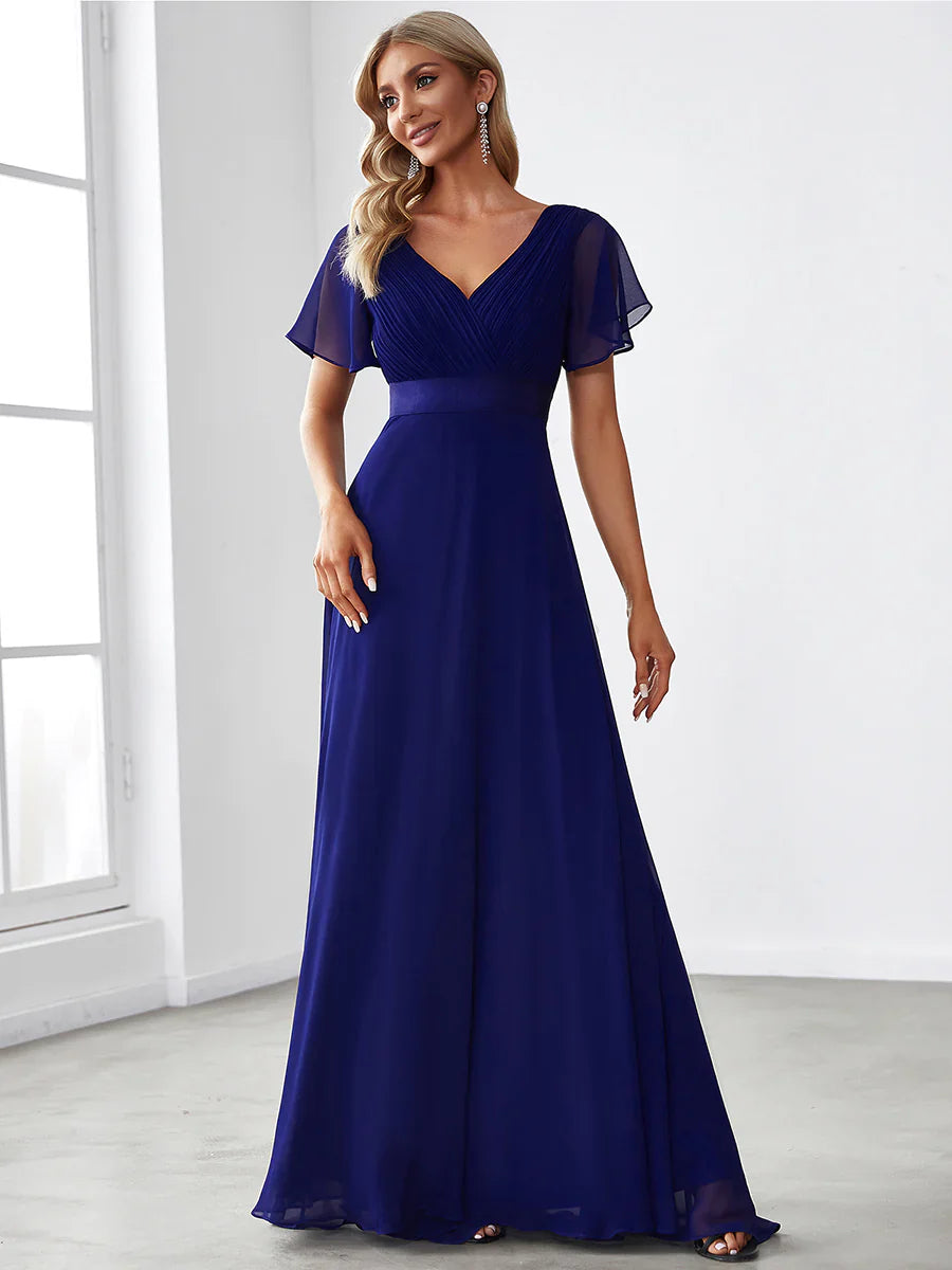 Long Empire Waist Evening Dress with Short Flutter Sleeves Sale price