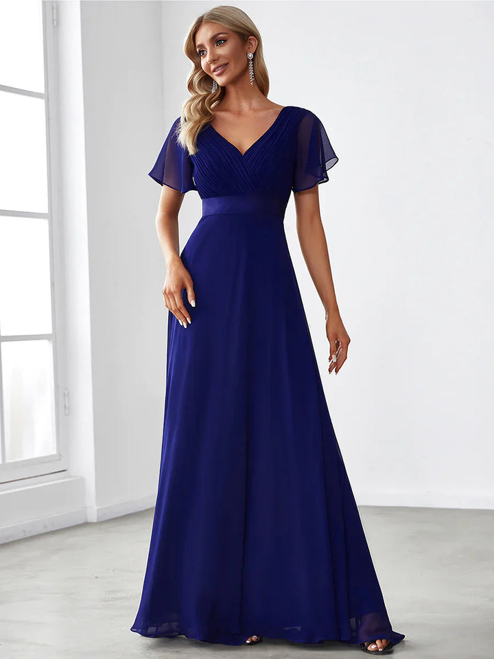 Long Empire Waist Evening Dress with Short Flutter Sleeves Sale price