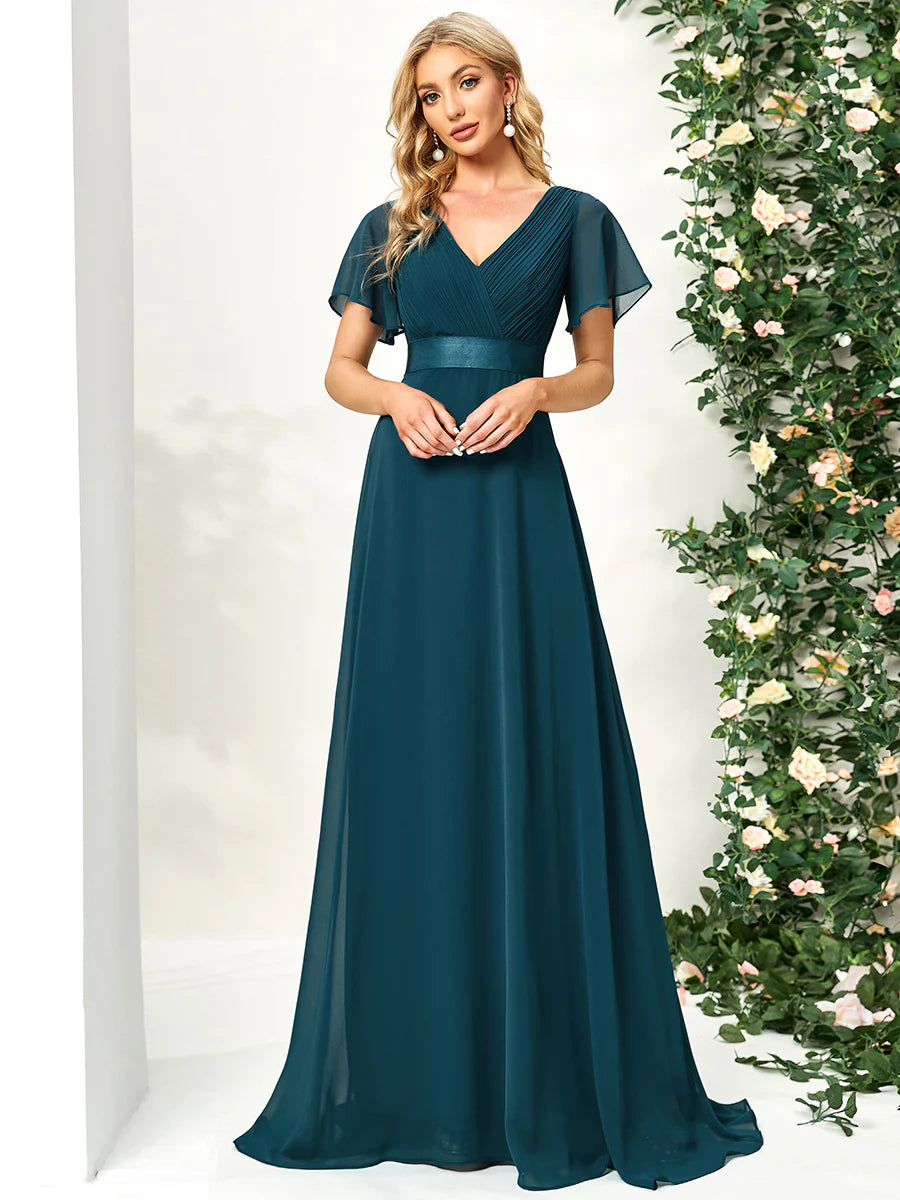 Glamorous Double V-Neck Ruffles Padded Chiffon Evening Dresses