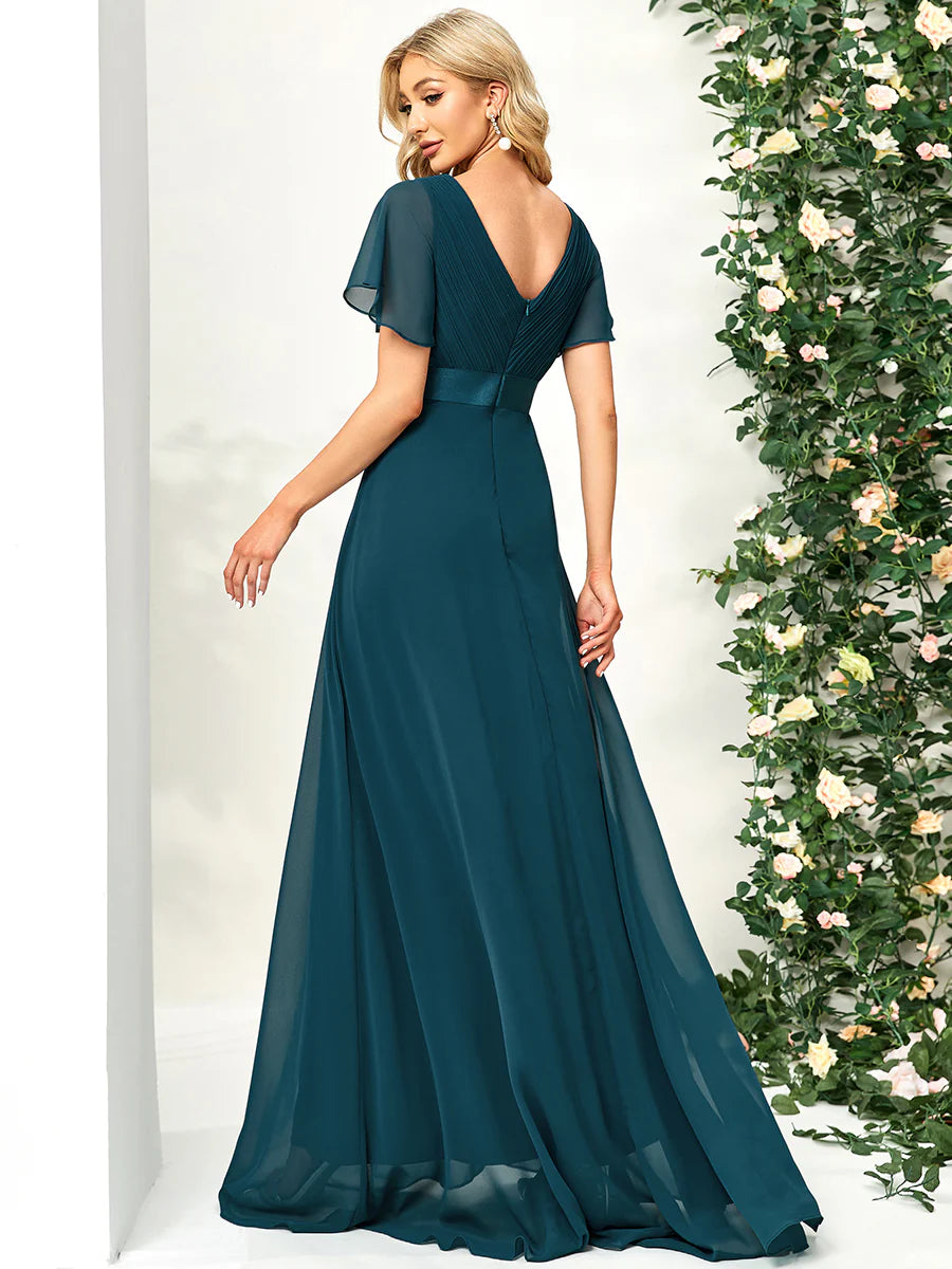 Glamorous Double V-Neck Ruffles Padded Chiffon Evening Dresses