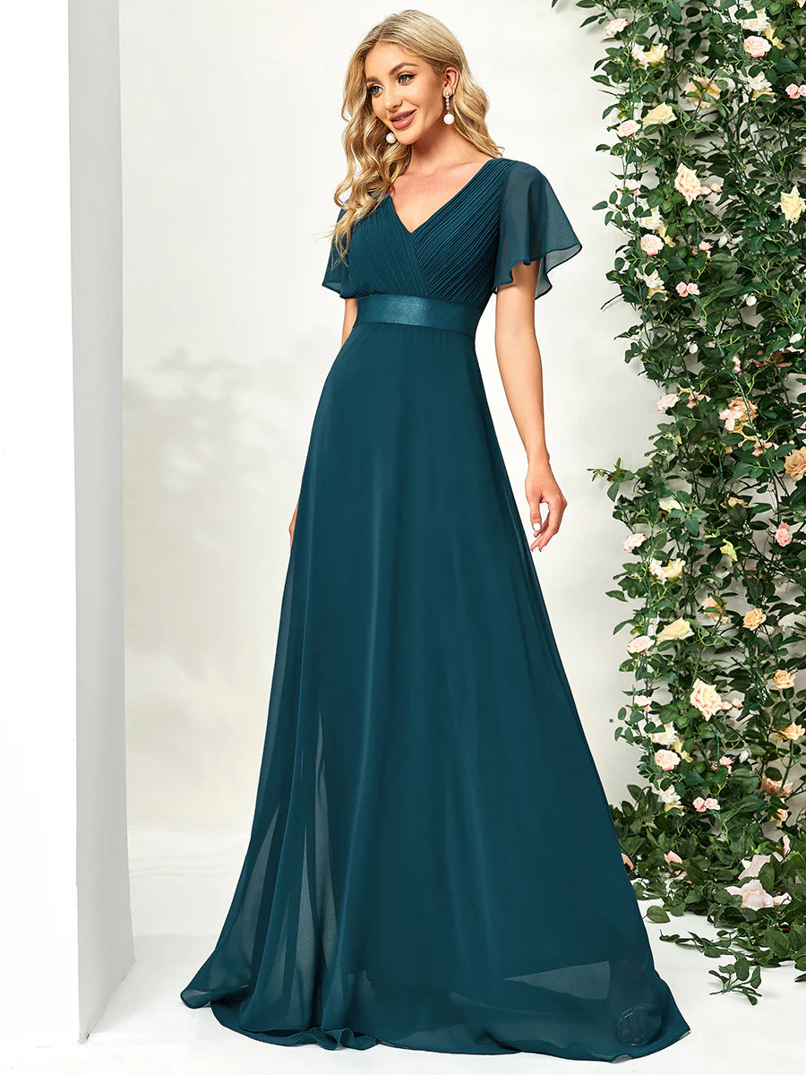 Glamorous Double V-Neck Ruffles Padded Chiffon Evening Dresses