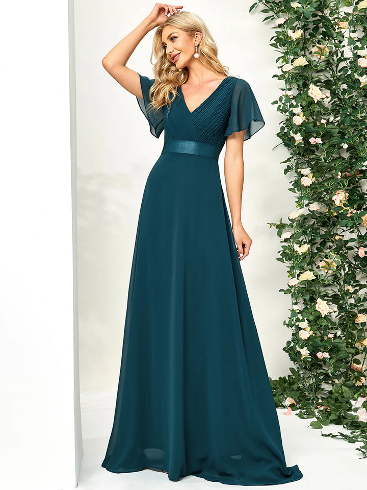 Glamorous Double V-Neck Ruffles Padded Chiffon Evening Dresses