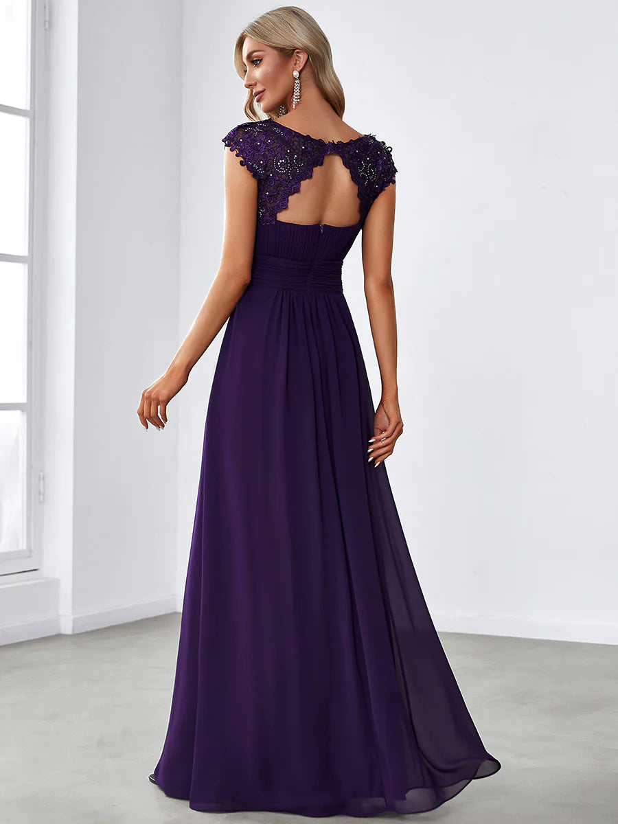 Lacey Neckline Open Back Ruched Bust Formal Dresses - CALABRO®