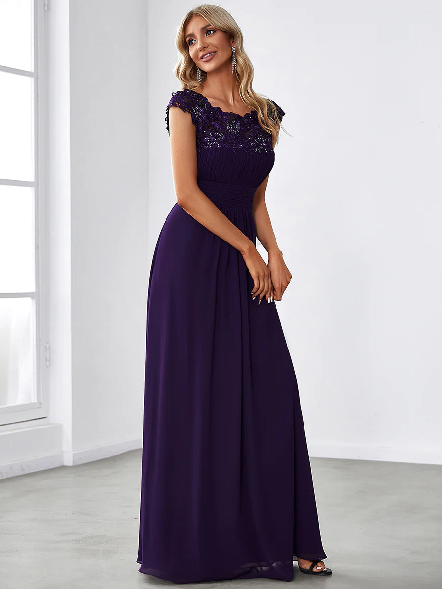 Lacey Neckline Open Back Ruched Bust Formal Dresses - CALABRO®