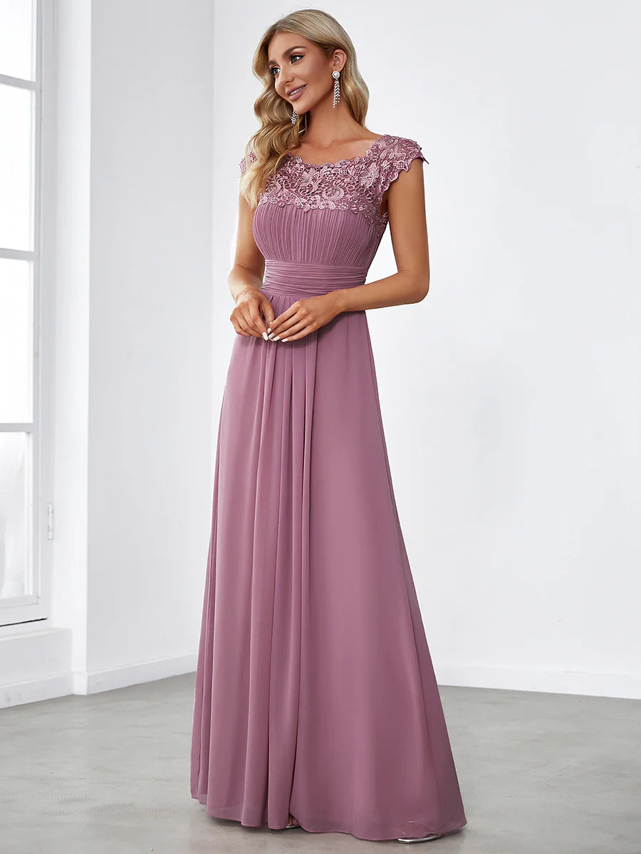 Lacey Neckline Open Back Ruched Bust Evening Dress