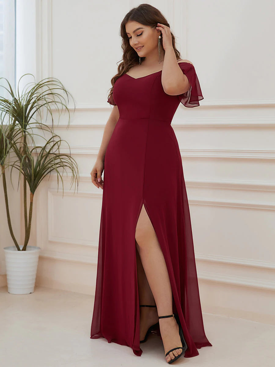 Cold Shoulder Flowy Thigh Slit Plus Size Evening Dress - CALABRO®