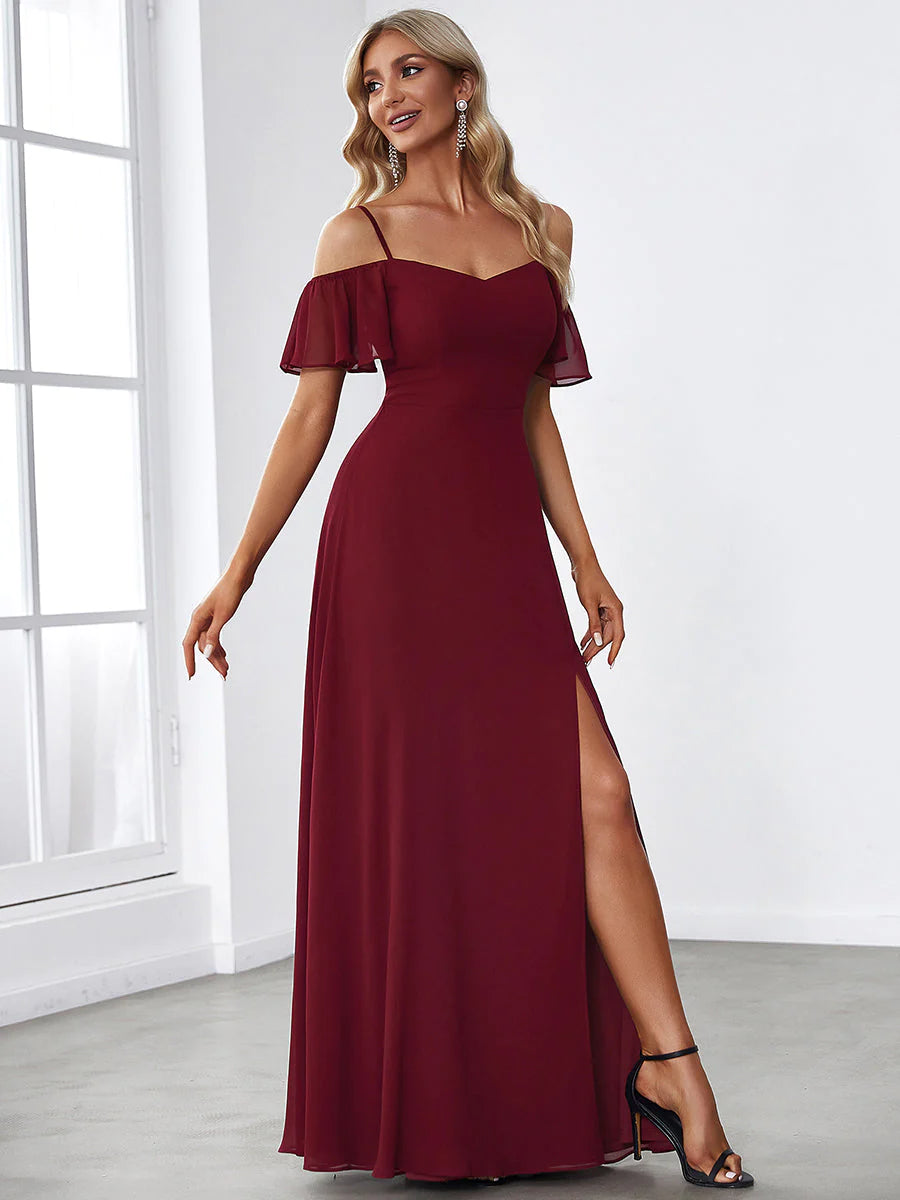 Off-Shoulder Ruffle Sleeve Thigh Slit Bridesmaid Dress - CALABRO®