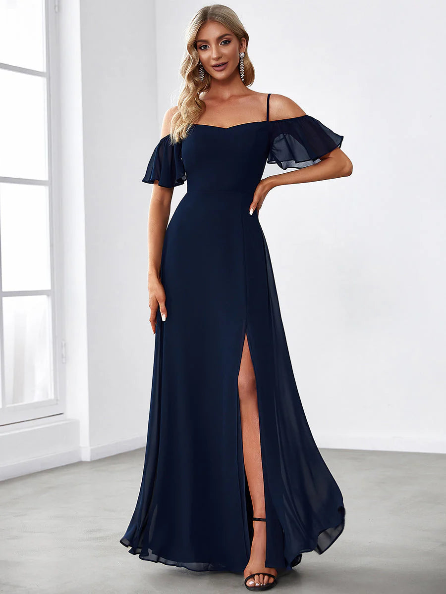 Flattering Deep V Neck Flare Sleeves Bridesmaid Dresses