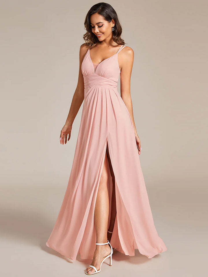 Plunging Neck Split Spaghetti Strap Back X-Cross Bridesmaid Dress - CALABRO®