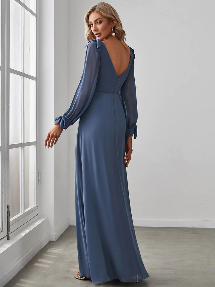 Long Lantern Sleeves A Line V Neck Bridesmaid Dresses - CALABRO®