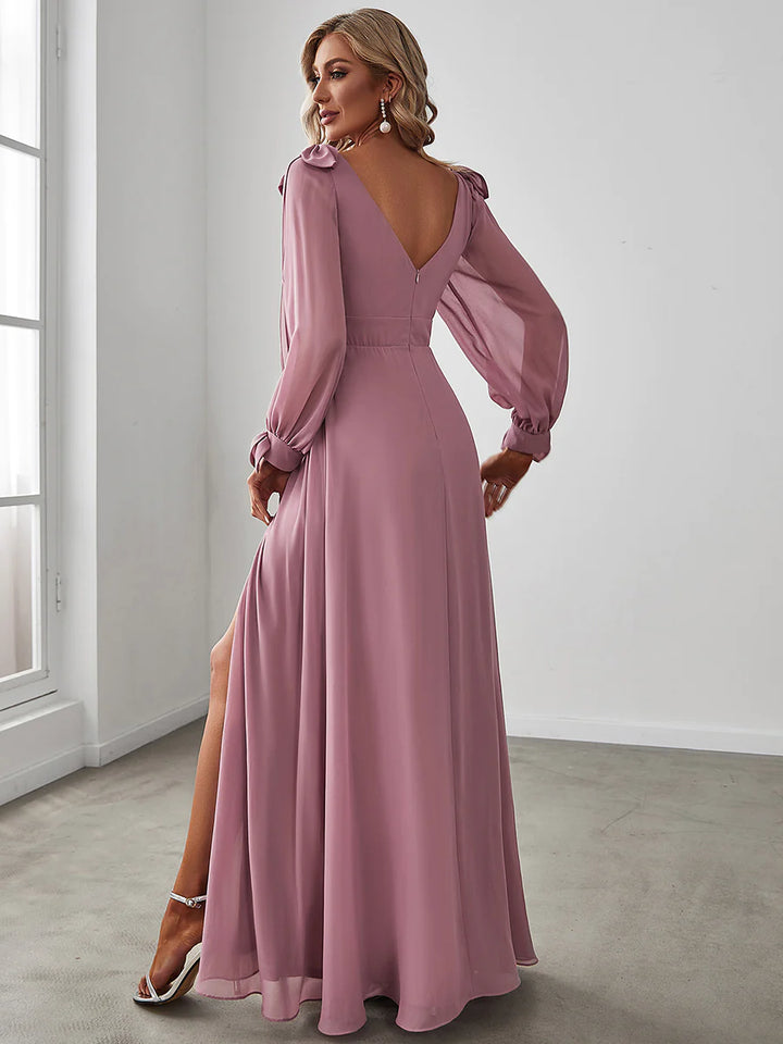 Long Lantern Sleeves A Line V Neck Bridesmaid Dresses - CALABRO®