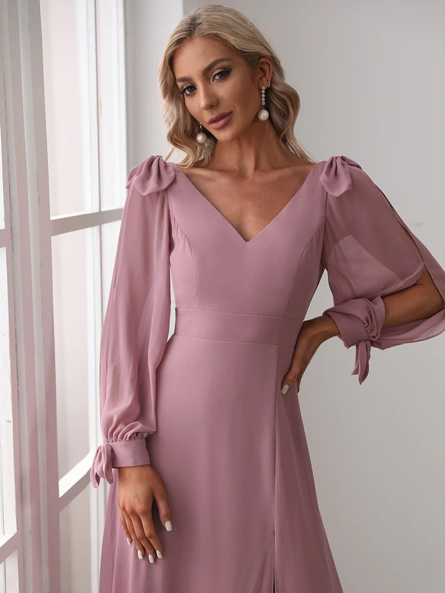 Long Lantern Sleeves A Line V Neck Bridesmaid Dresses - CALABRO®