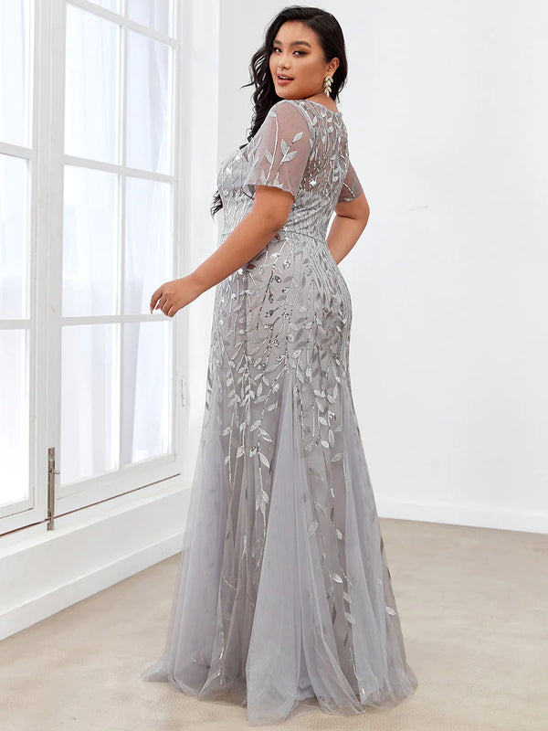 Floral Sequin Print Maxi Long Plus Size Mermaid Tulle Prom Dress
