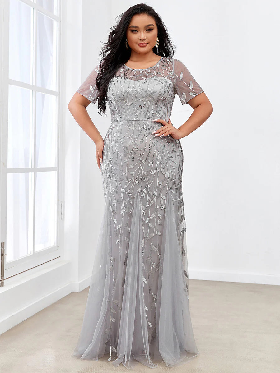 Floral Sequin Print Maxi Long Plus Size Mermaid Tulle Prom Dress - CALABRO®