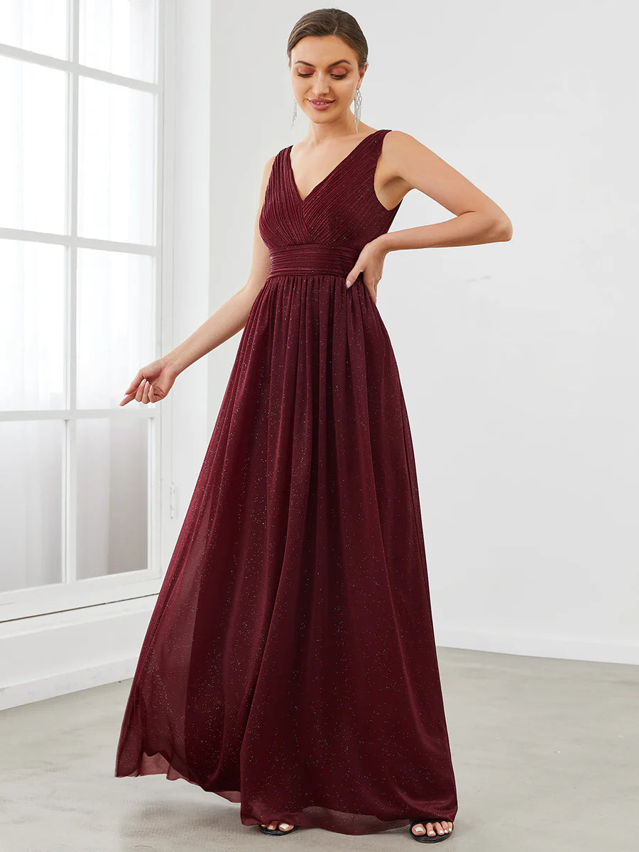 Sparkly V-Neck Ruched Evening Dress