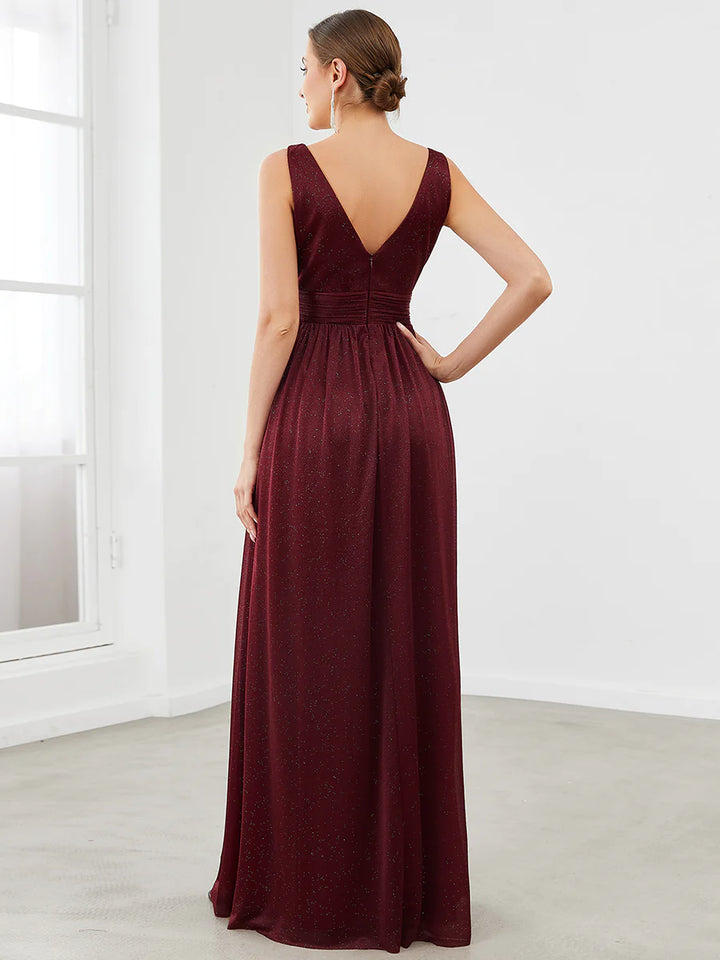 Sparkly V-Neck Ruched Evening Dress