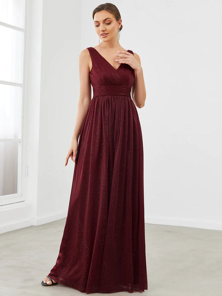 Sparkly V-Neck Ruched Evening Dress