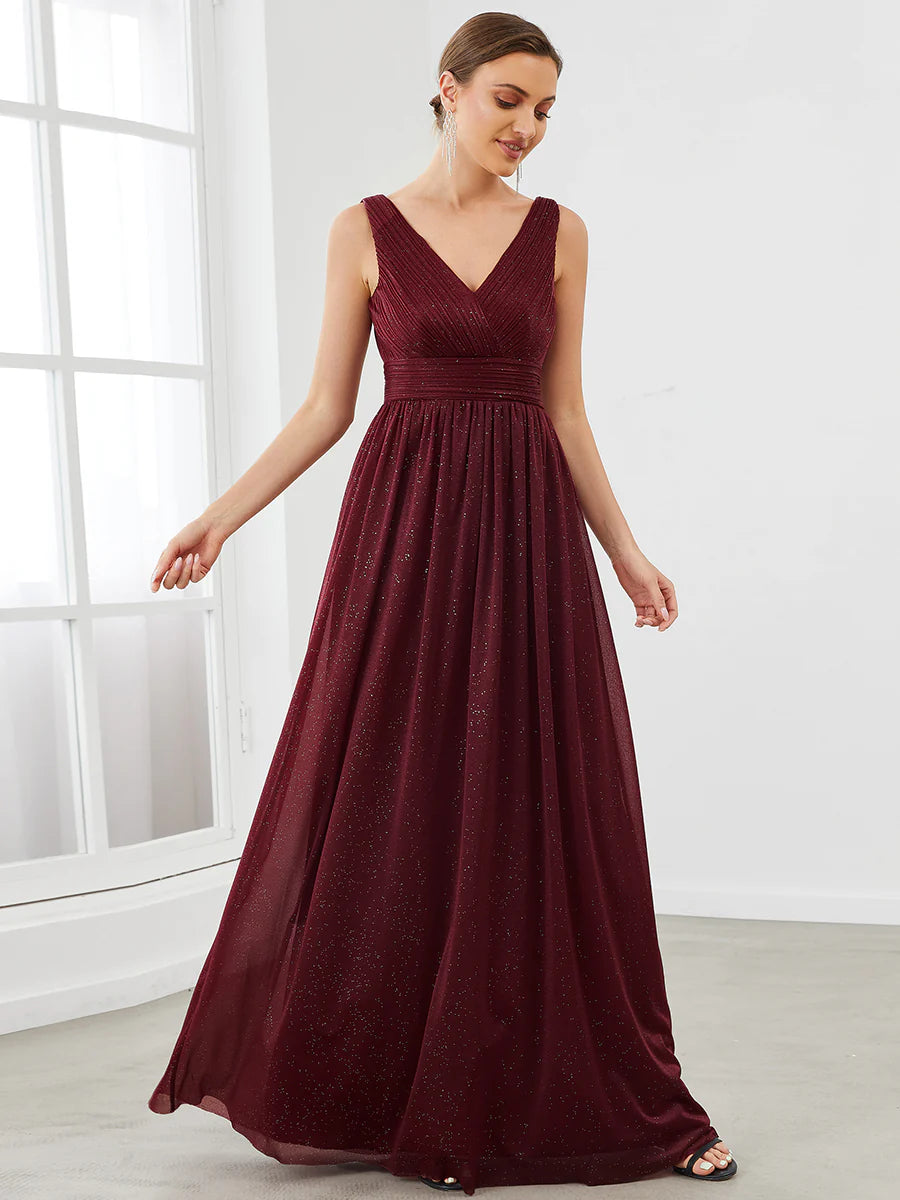 Sparkly V-Neck Ruched Evening Dress