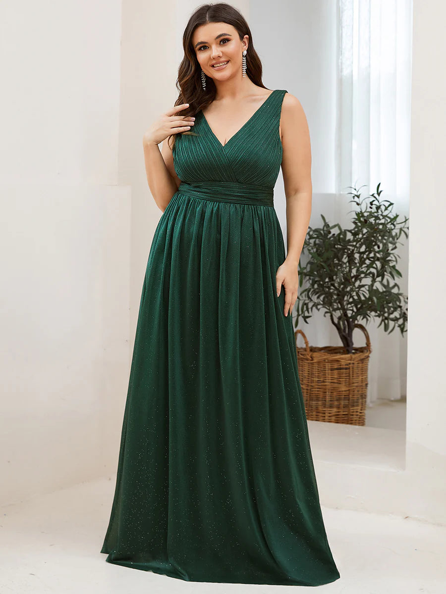 Double V Neck Maxi Long Plus Size Evening Dresses