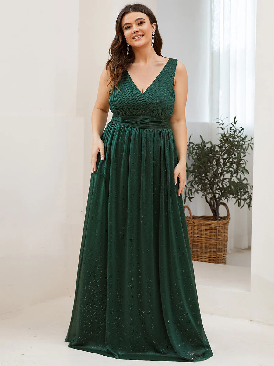 Double V Neck Maxi Long Plus Size Evening Dresses