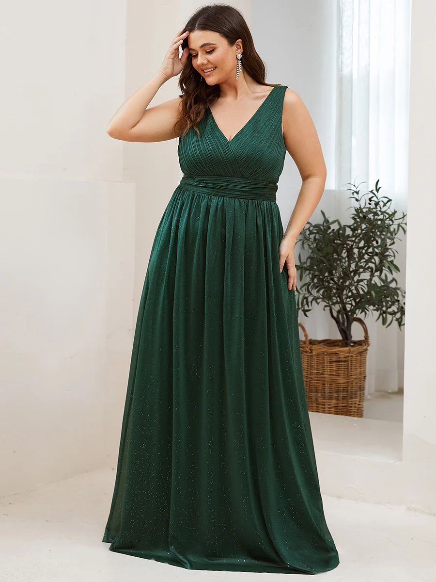 Double V Neck Maxi Long Plus Size Evening Dresses