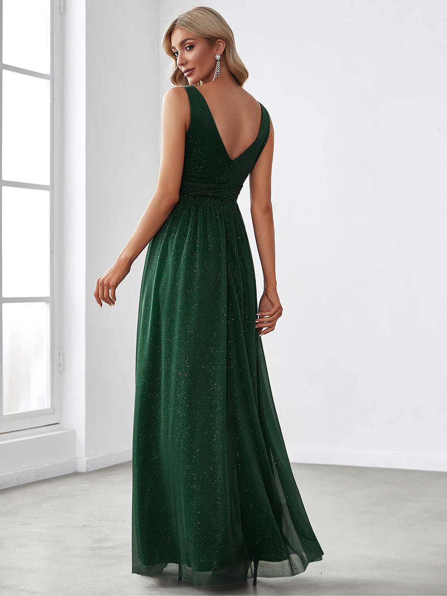 Sparkly V-Neck Ruched Evening Dress - CALABRO®