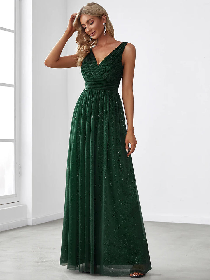 Sparkly V-Neck Ruched Evening Dress - CALABRO®