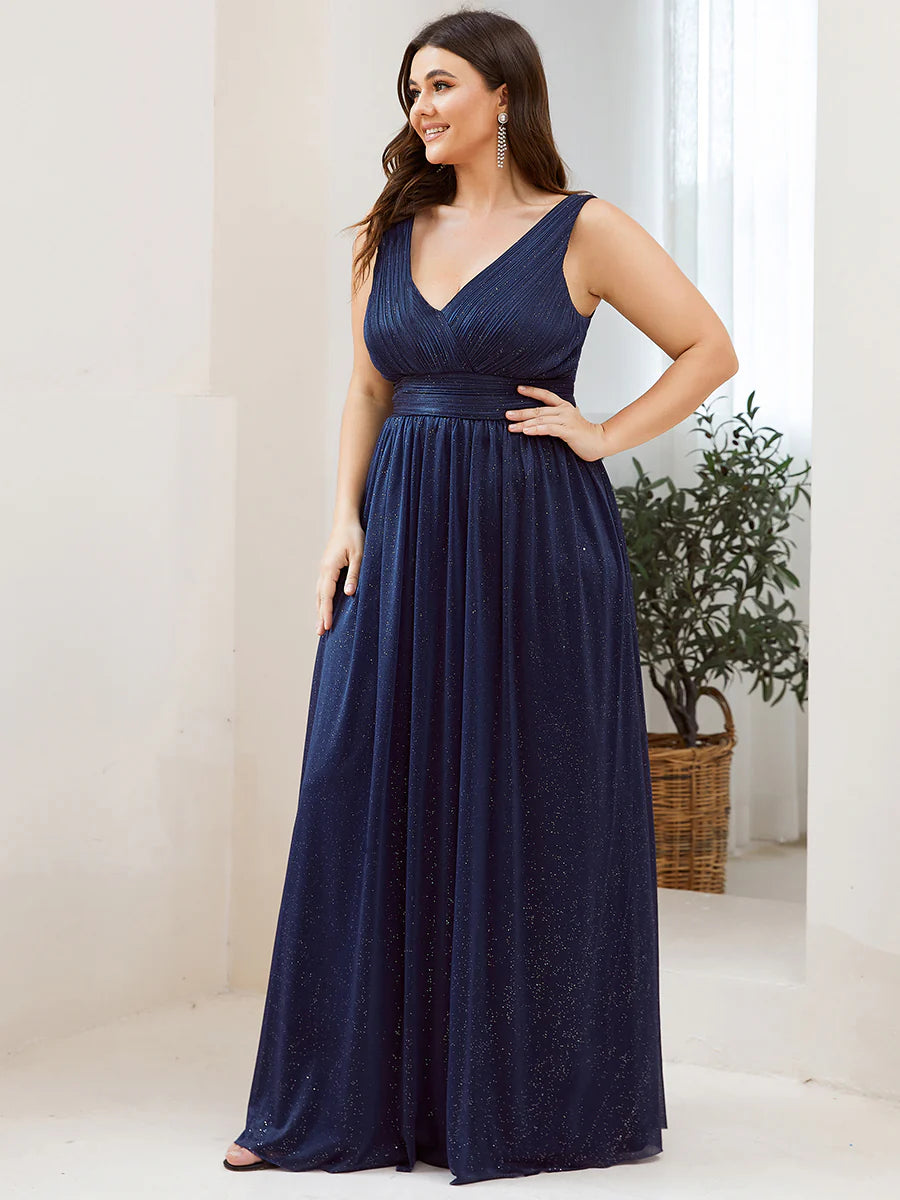 Double V Neck Maxi Long Plus Size Evening Dresses